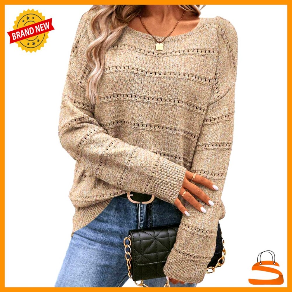 Lightweight Crochet Pullover Sweater Long Sleeve Crew Neck Loose Fit
